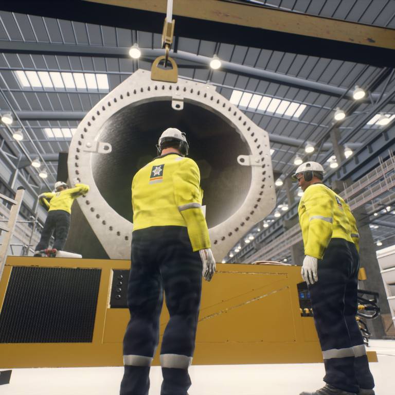 A render of Forth Ports workers handling a large lift with an internal crane