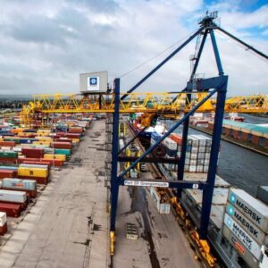 An aerial view of a container crane at Grangemouth Port