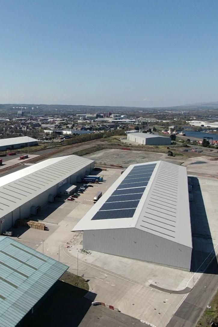 One of Grangemouth's Warehouses with it's roof covered in solar panels