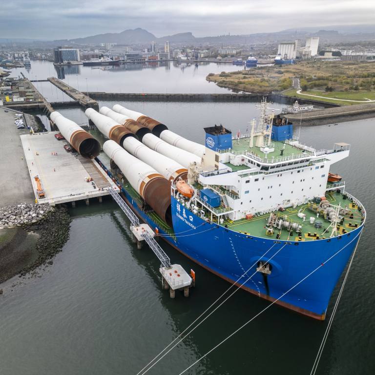 A ship at the Leith Port loading Monopiles for the Inchcape Po